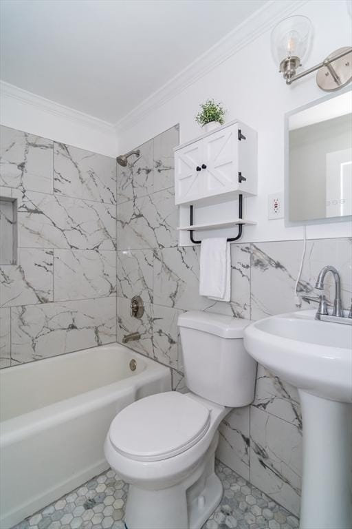 full bathroom with tile walls, toilet, shower / bathtub combination, and ornamental molding