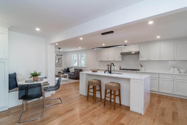 kitchen featuring under cabinet range hood, backsplash, light wood-style floors, and a sink