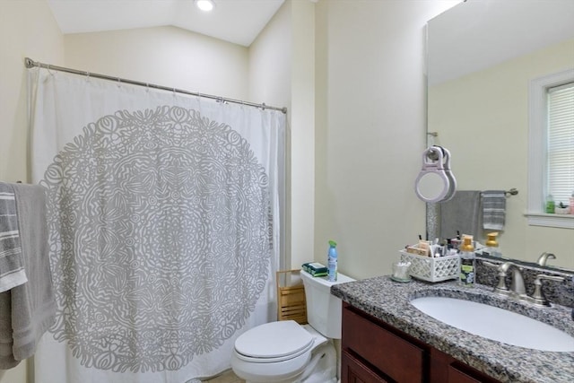 6 Comanche Ter Unit 6, Westford, MA 01886 - bathroom with vanity, curtained shower, and lofted ceiling