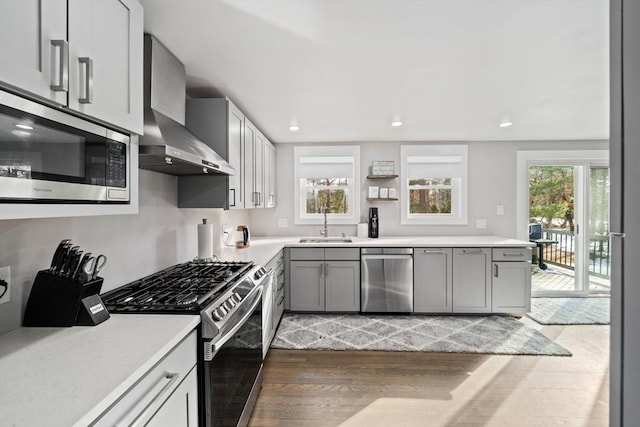 kitchen featuring a sink, wall chimney exhaust hood, light countertops, and stainless steel appliances