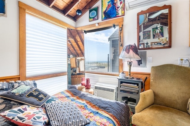 sitting room featuring a wall mounted air conditioner, lofted ceiling with beams, and wood ceiling