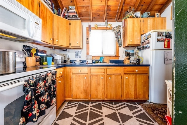 kitchen featuring sink, white appliances, and wooden ceiling