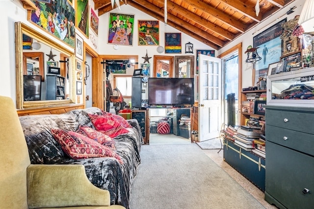 carpeted living room with wooden ceiling and lofted ceiling with beams