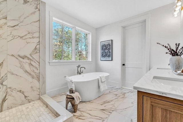 6 Willow Cir, Mashpee, MA 02649 - full bath featuring a freestanding tub, double vanity, marble finish floors, and a marble finish shower