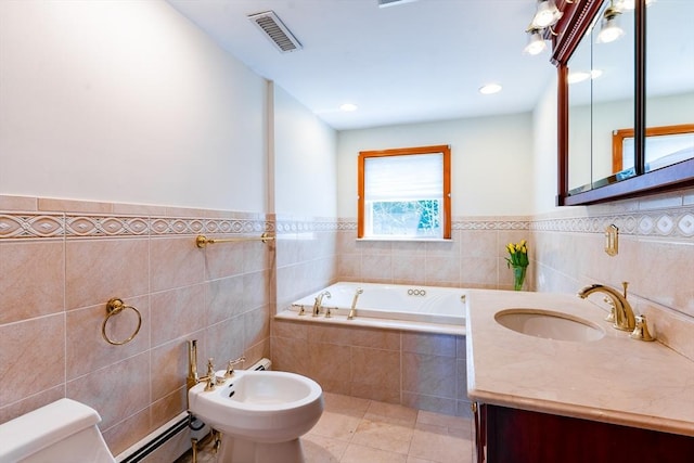 bathroom with baseboard heating, toilet, tile walls, visible vents, and a garden tub