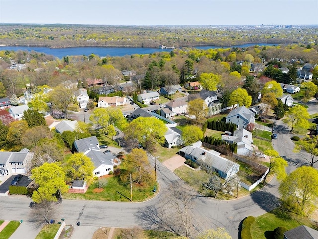 aerial view featuring a water view and a residential view