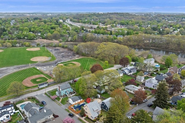 aerial view with a water view and a residential view