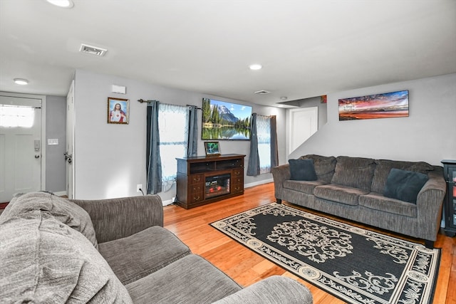 living room featuring a wealth of natural light and light hardwood / wood-style floors