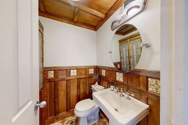 33 Pond Ave Unit Ph1207, Brookline, MA 02445 - bathroom with a wainscoted wall, ornamental molding, a sink, toilet, and coffered ceiling