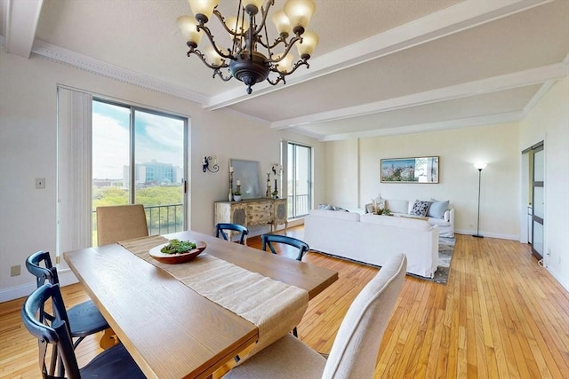 33 Pond Ave Unit Ph1207, Brookline, MA 02445 - dining room with beam ceiling, a chandelier, light wood-style flooring, and baseboards
