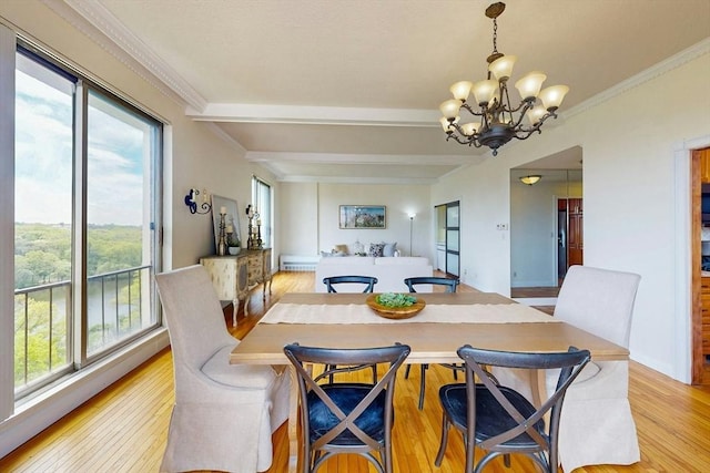 33 Pond Ave Unit Ph1207, Brookline, MA 02445 - dining room with a chandelier, light wood-type flooring, beamed ceiling, and crown molding
