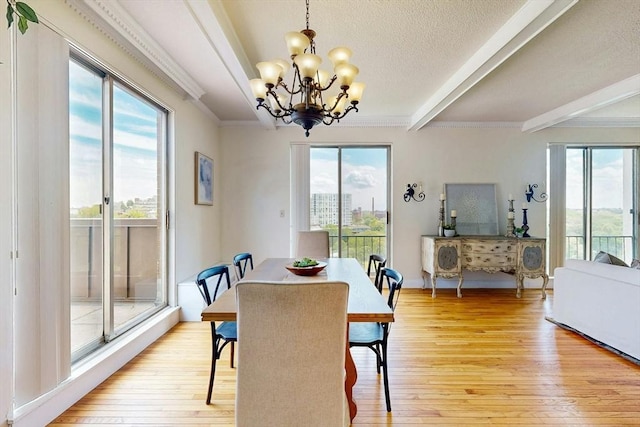 33 Pond Ave Unit Ph1207, Brookline, MA 02445 - dining space with light wood-style floors, a chandelier, beam ceiling, and ornamental molding
