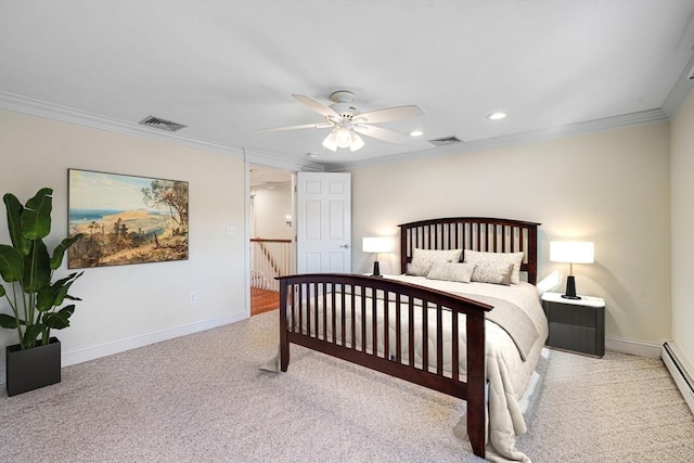 carpeted bedroom with crown molding, ceiling fan, and a baseboard heating unit