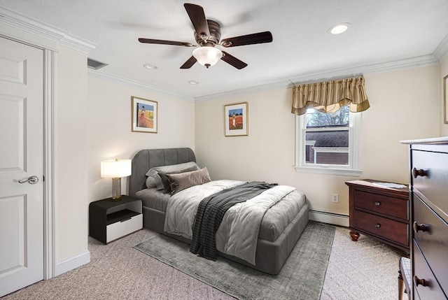 bedroom with crown molding, light carpet, ceiling fan, and a baseboard radiator