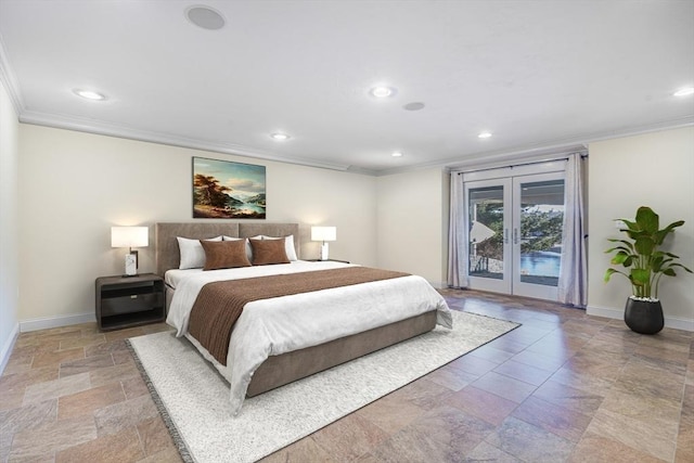 bedroom with access to exterior, crown molding, and french doors