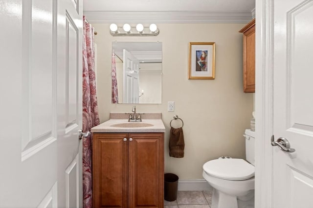 bathroom featuring ornamental molding, toilet, tile patterned flooring, and vanity