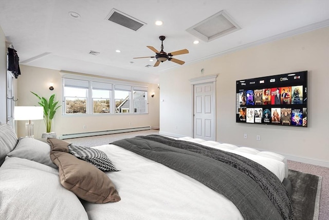 bedroom featuring ornamental molding, carpet, ceiling fan, and baseboard heating