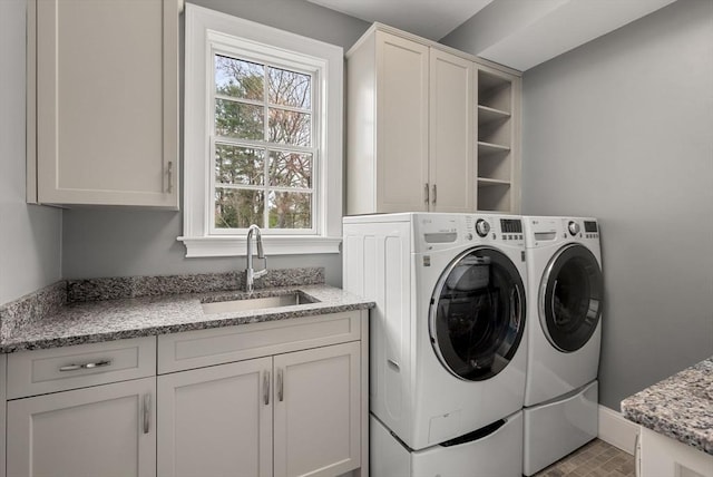 laundry room featuring cabinets, washer and clothes dryer, and sink