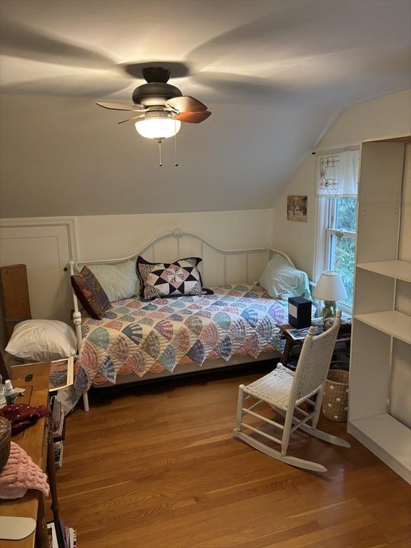 14 Anderson Ave, Holyoke, MA 01040 - bedroom with vaulted ceiling, wood finished floors, and a ceiling fan