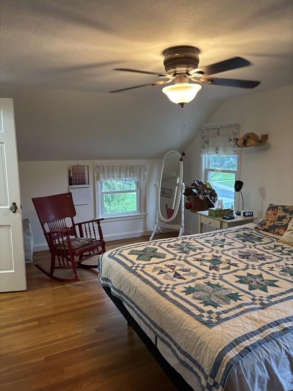 14 Anderson Ave, Holyoke, MA 01040 - bedroom featuring wood finished floors, a textured ceiling, lofted ceiling, and baseboards