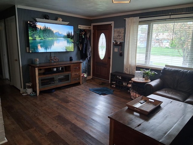 living room with wood finished floors and crown molding