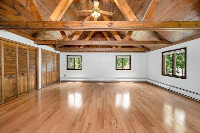 18 Patriot Rd, Tewksbury, MA 01876 - empty room featuring wood ceiling, light wood finished floors, ceiling fan, and baseboard heating