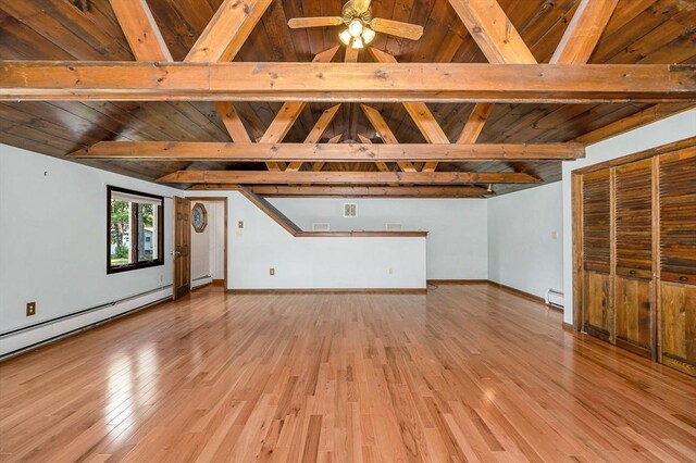 18 Patriot Rd, Tewksbury, MA 01876 - unfurnished living room featuring wood ceiling, baseboard heating, light wood-style flooring, baseboards, and a baseboard radiator