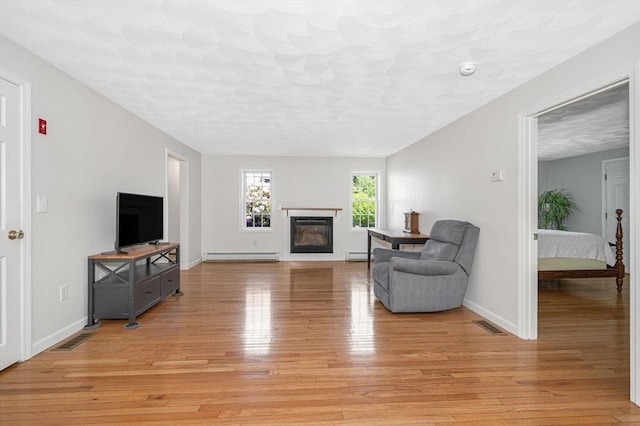 18 Patriot Rd, Tewksbury, MA 01876 - living area featuring baseboard heating, a baseboard radiator, light wood-style floors, and baseboards