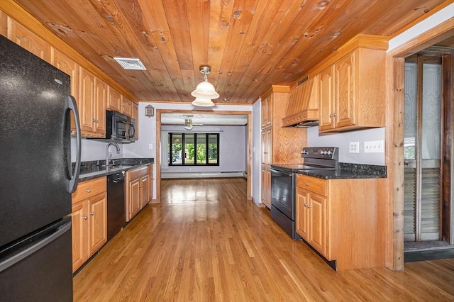 18 Patriot Rd, Tewksbury, MA 01876 - kitchen featuring black appliances, custom exhaust hood, light wood finished floors, a ceiling fan, and wood ceiling