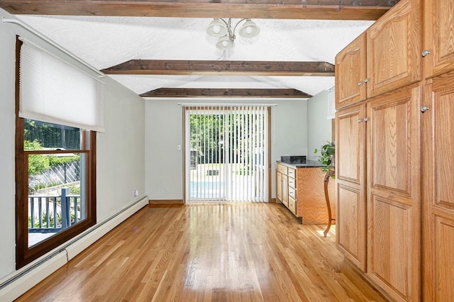 18 Patriot Rd, Tewksbury, MA 01876 - unfurnished living room featuring a baseboard radiator, plenty of natural light, light wood-style floors, baseboards, and a textured ceiling