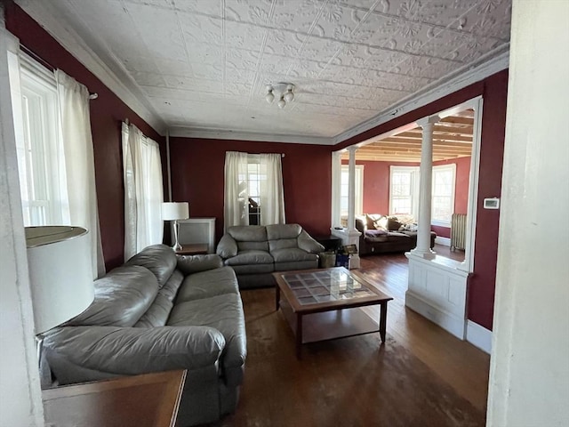 living area featuring ornate columns and wood finished floors