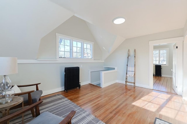 living area with radiator, lofted ceiling, and hardwood / wood-style flooring