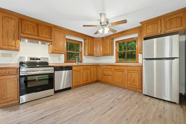 45 Dillon St, Worcester, MA 01604 - kitchen featuring appliances with stainless steel finishes, under cabinet range hood, light wood-style floors, ceiling fan, and light countertops