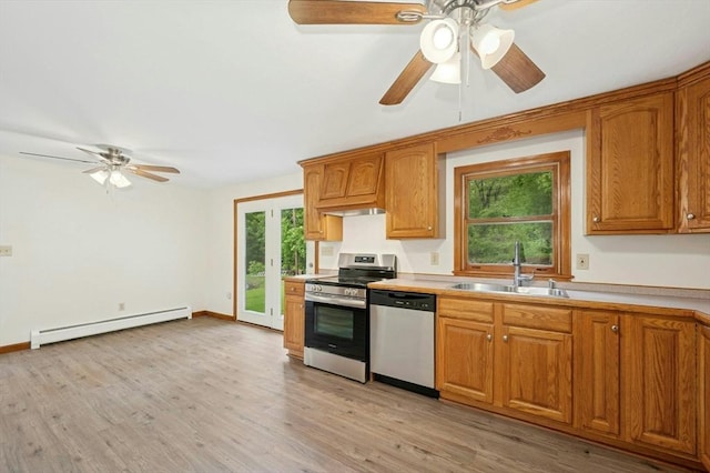 45 Dillon St, Worcester, MA 01604 - kitchen featuring appliances with stainless steel finishes, a baseboard heating unit, a sink, and ceiling fan