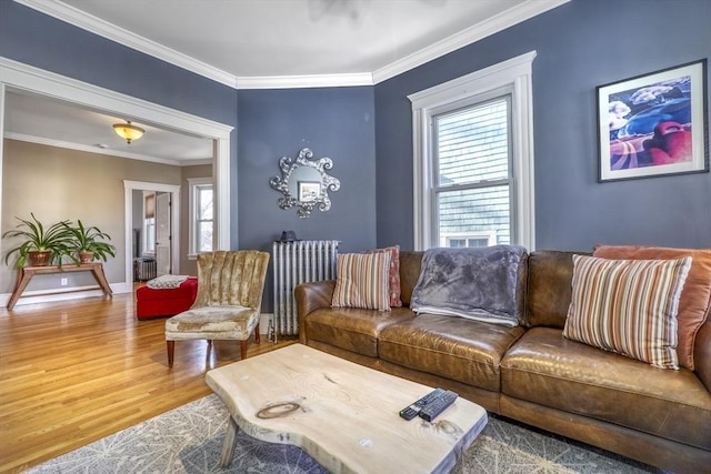 living room with crown molding, a healthy amount of sunlight, wood-type flooring, and radiator