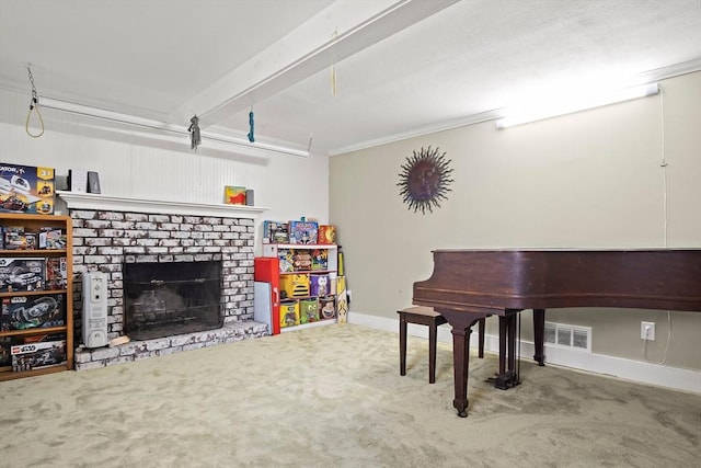 living room with carpet floors, crown molding, baseboards, and a fireplace
