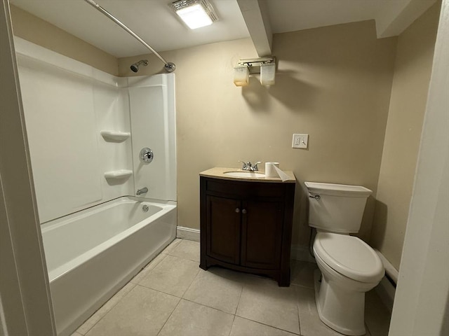 full bath with baseboards, toilet, shower / tub combination, tile patterned flooring, and vanity