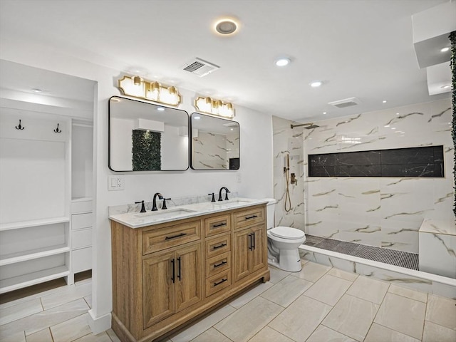 820 N King St, Northampton, MA 01060 - bathroom featuring double vanity, a marble finish shower, and recessed lighting