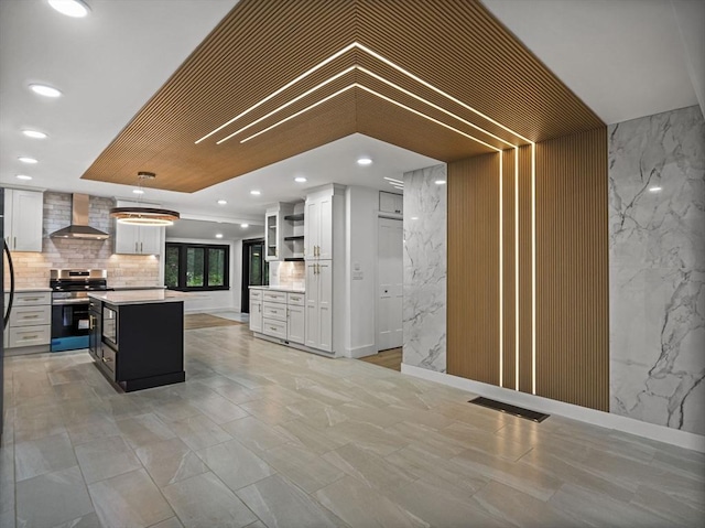 820 N King St, Northampton, MA 01060 - kitchen featuring wall chimney exhaust hood, electric range, open shelves, light countertops, and recessed lighting