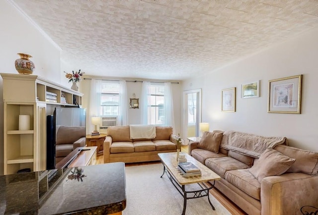 living area featuring a textured ceiling and cooling unit