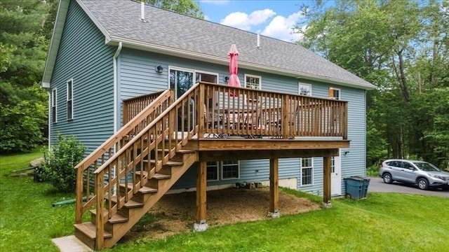 1085 Southbridge Rd, Warren, MA 01585 - rear view of house featuring a deck, a shingled roof, stairs, and a yard