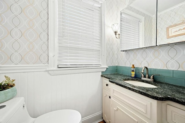 50 Depot St, Milford, MA 01757 - bathroom with toilet, wallpapered walls, vanity, and crown molding