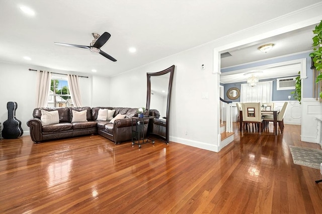50 Depot St, Milford, MA 01757 - living area with wood-type flooring, ceiling fan, ornamental molding, recessed lighting, and baseboards