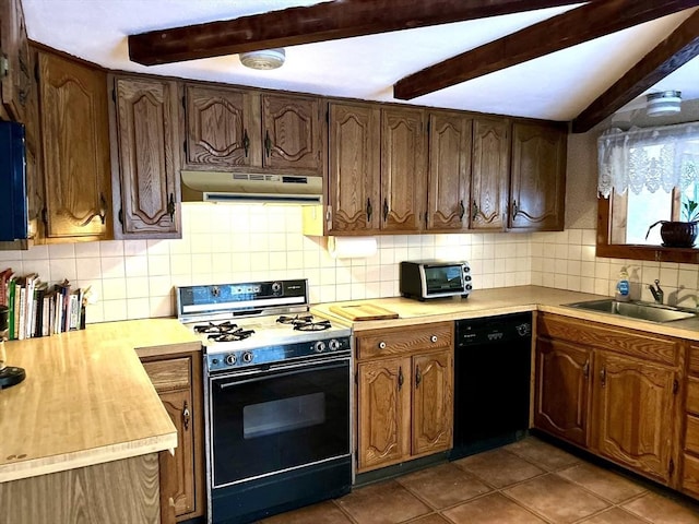 kitchen with sink, black dishwasher, range with gas stovetop, beam ceiling, and backsplash