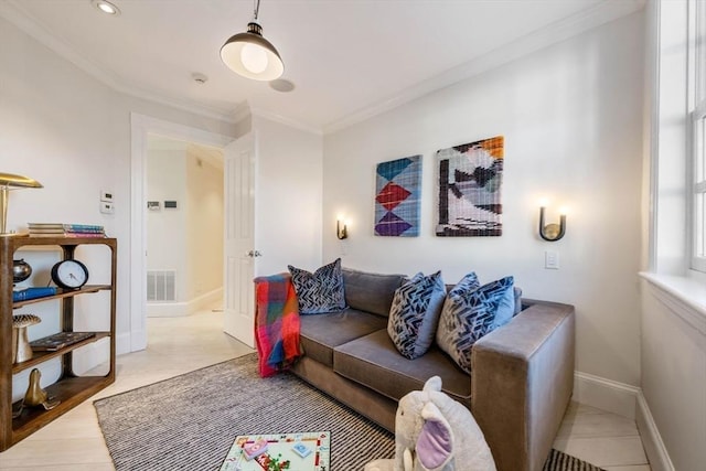 living room with ornamental molding