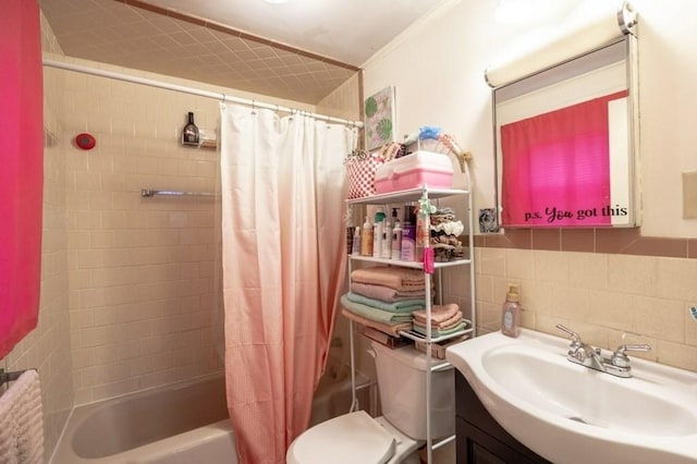 338-340 Main St, Fairhaven, MA 02719 - bathroom with vanity, shower / bath combo with shower curtain, tile walls, and crown molding