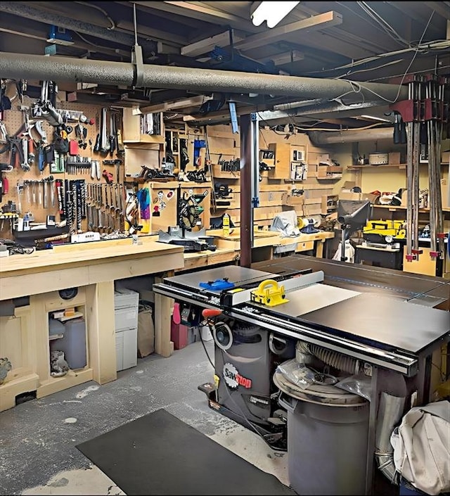 basement with a workshop area