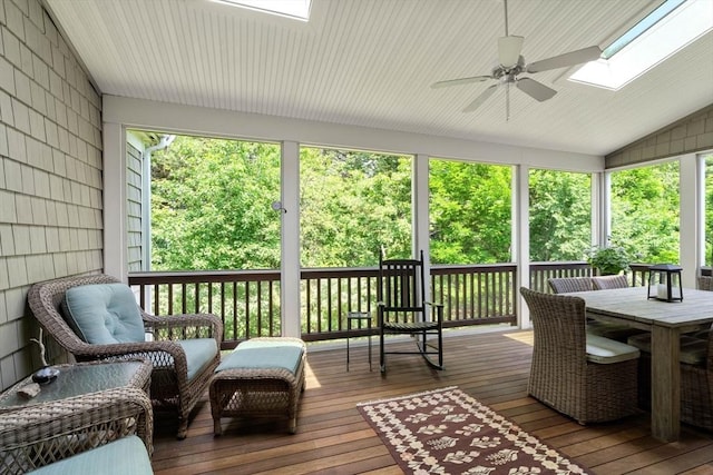 40 Tall Pine Dr Unit 18, Sudbury, MA 01776 - sunroom / solarium with a skylight, lofted ceiling, a ceiling fan, outdoor dining area, and plenty of natural light