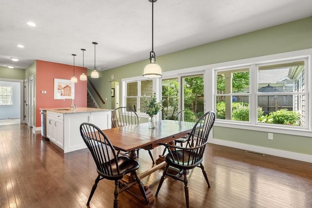 40 Tall Pine Dr Unit 18, Sudbury, MA 01776 - dining space with stairs, dark wood-style floors, and recessed lighting