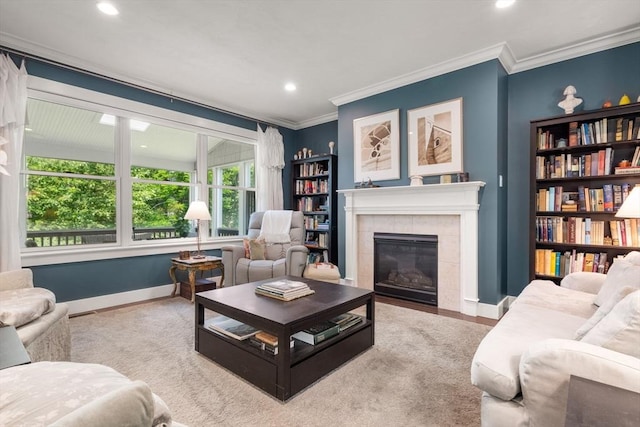 40 Tall Pine Dr Unit 18, Sudbury, MA 01776 - living room with a tile fireplace, recessed lighting, ornamental molding, and wood finished floors